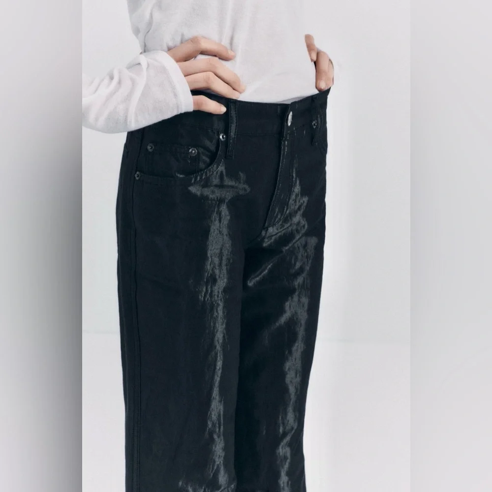 Zara NWT satin effect shiny black mid waist straight leg pants